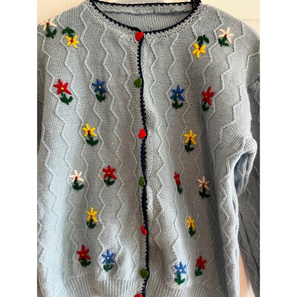 Wool Blend Embroidered Floral Knit Cardigan Sweater Cottagecore Heart Buttons - Picture 2 of 9